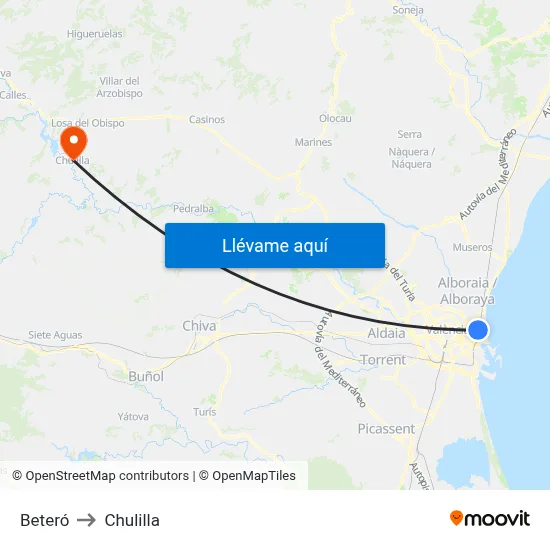 Beteró to Chulilla map