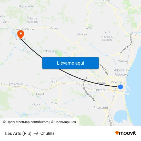 Les Arts (Riu) to Chulilla map