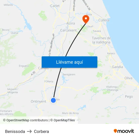 Benissoda to Corbera map