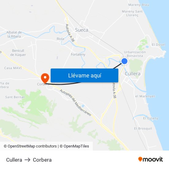 Cullera to Corbera map
