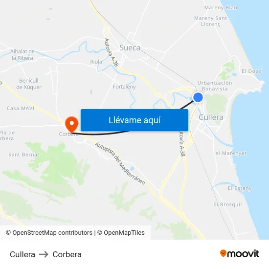 Cullera to Corbera map