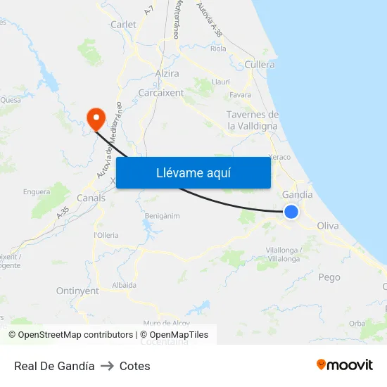 Real De Gandía to Cotes map
