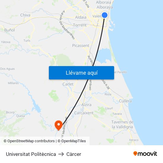 Universitat Politècnica to Càrcer map