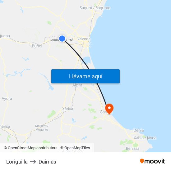 Loriguilla to Daimús map