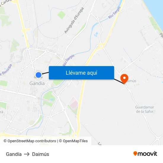 Gandía to Daimús map