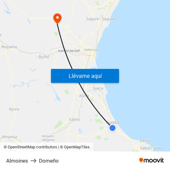 Almoines to Domeño map