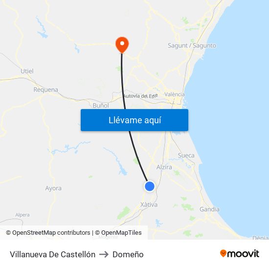 Villanueva De Castellón to Domeño map