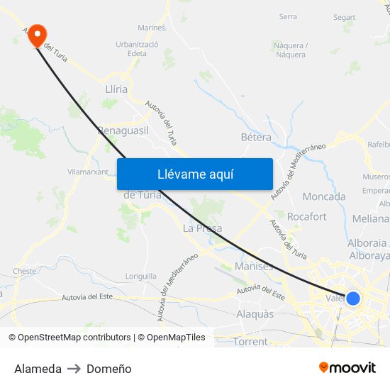 Alameda to Domeño map