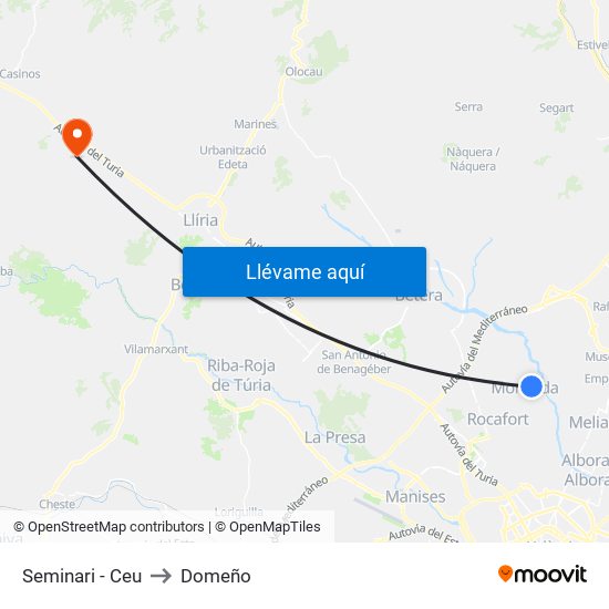 Seminari - Ceu to Domeño map