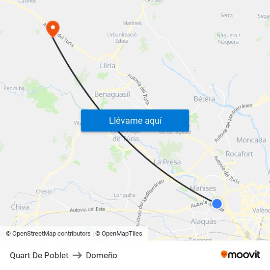 Quart De Poblet to Domeño map