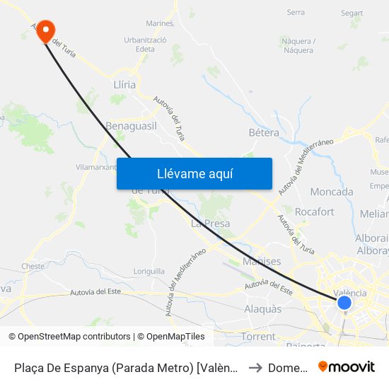 Plaça De Espanya (Parada Metro) [València] to Domeño map