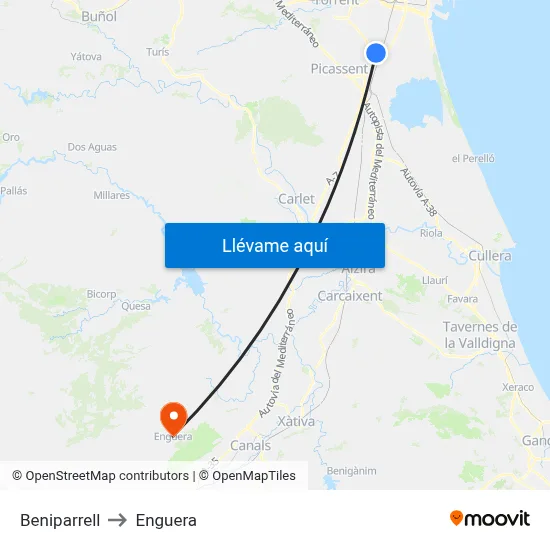 Beniparrell to Enguera map