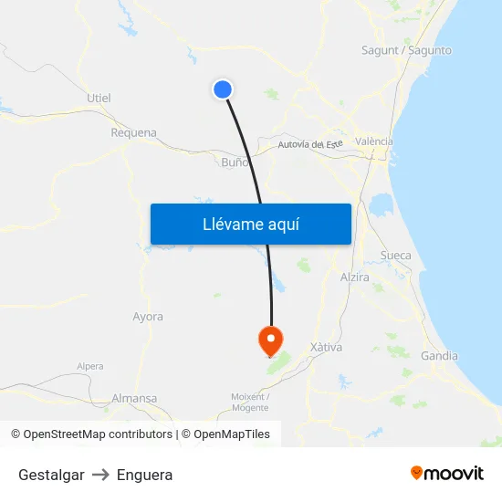Gestalgar to Enguera map