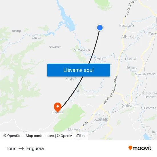 Tous to Enguera map