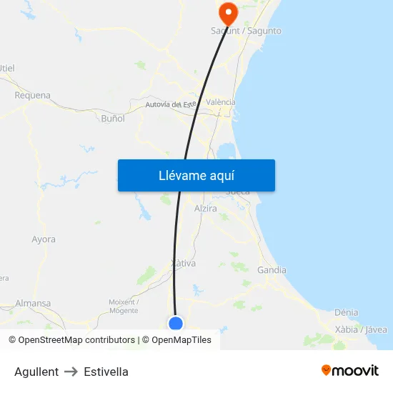 Agullent to Estivella map