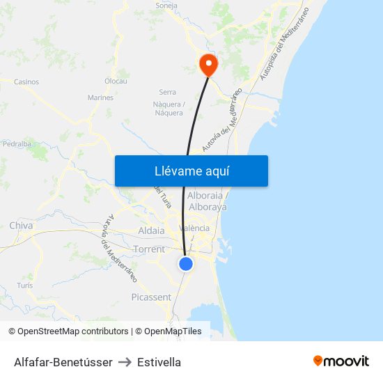 Alfafar-Benetússer to Estivella map