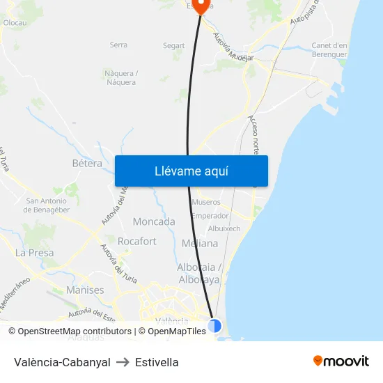 València-Cabanyal to Estivella map