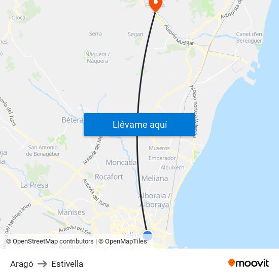 Aragó to Estivella map