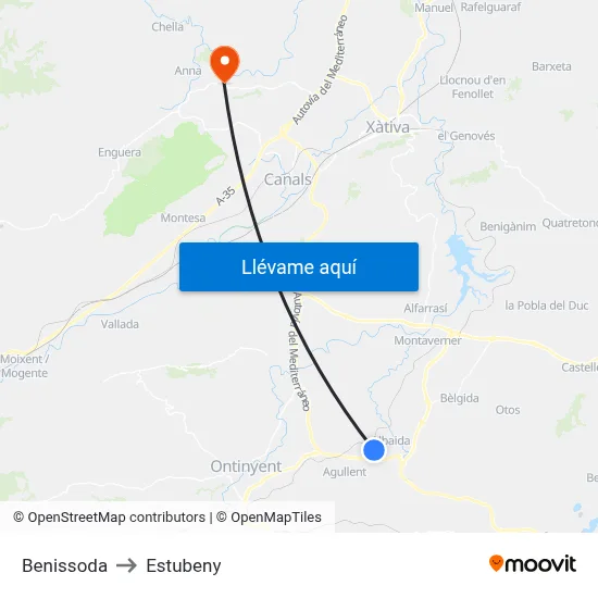 Benissoda to Estubeny map