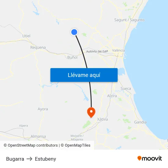 Bugarra to Estubeny map