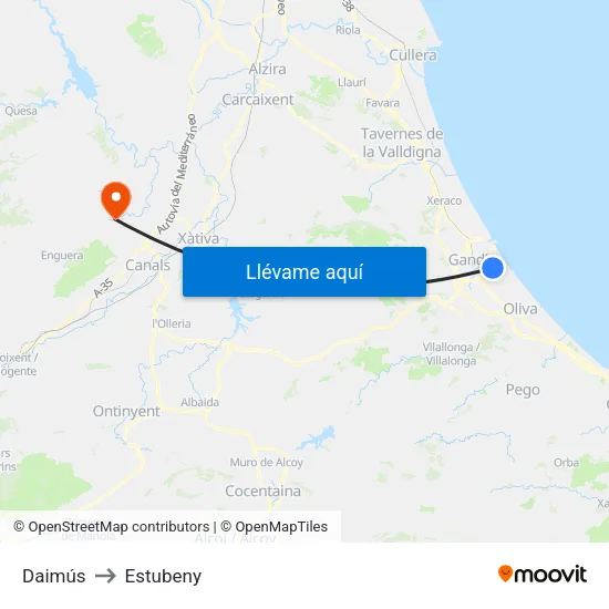 Daimús to Estubeny map