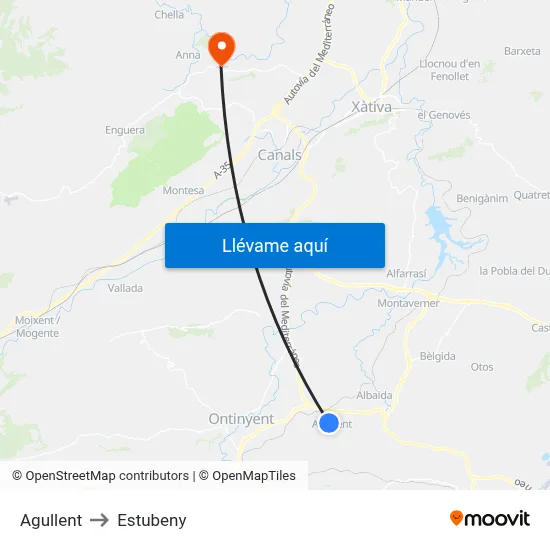 Agullent to Estubeny map