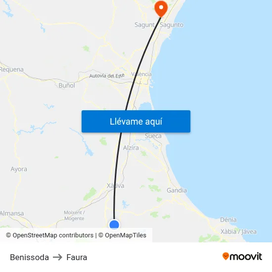 Benissoda to Faura map