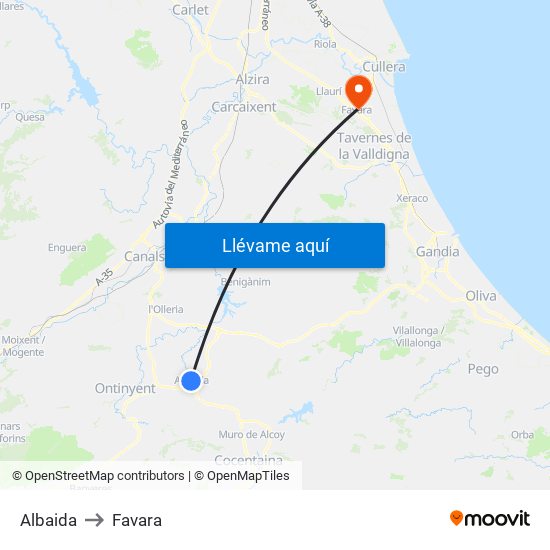 Albaida to Favara map