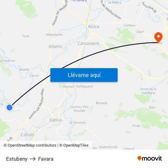 Estubeny to Favara map