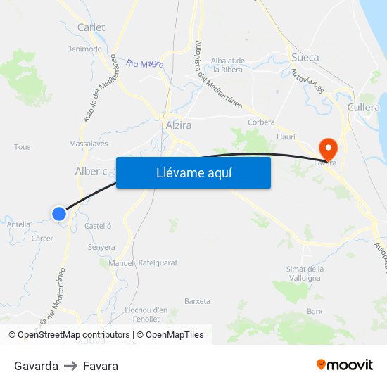 Gavarda to Favara map