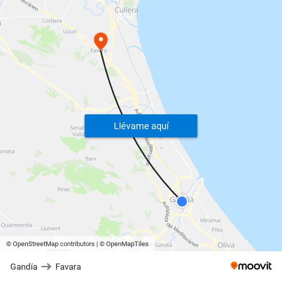 Gandía to Favara map