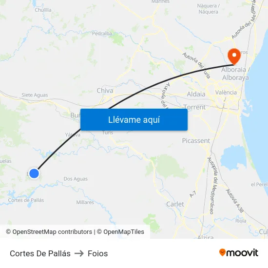 Cortes De Pallás to Foios map