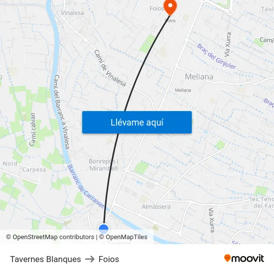 Tavernes Blanques to Foios map