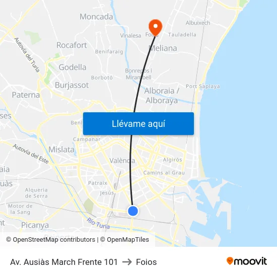 Av. Ausiàs March Frente 101 to Foios map