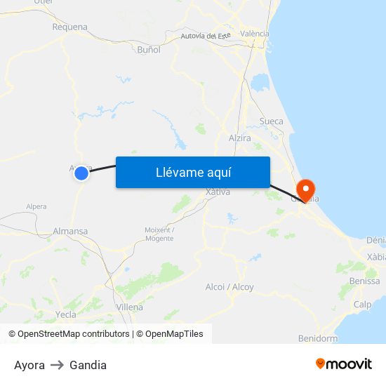 Ayora to Gandia map