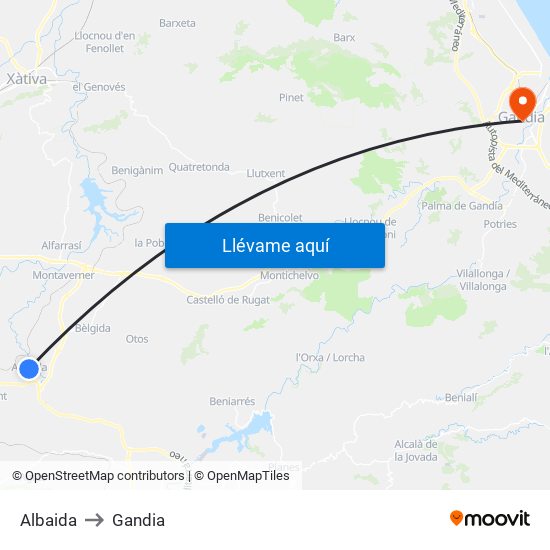 Albaida to Gandia map