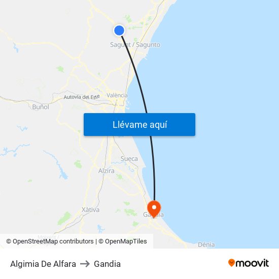 Algimia De Alfara to Gandia map