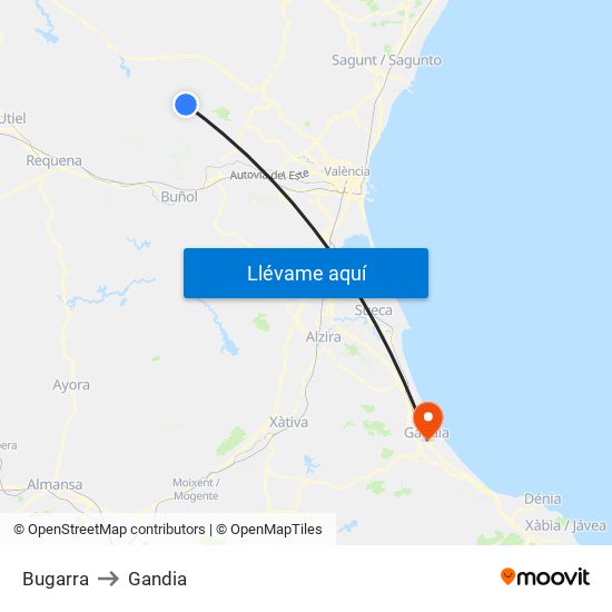 Bugarra to Gandia map
