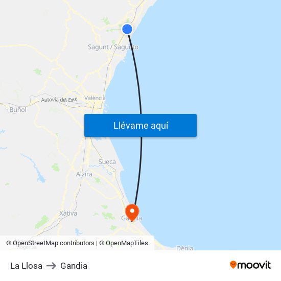 La Llosa to Gandia map