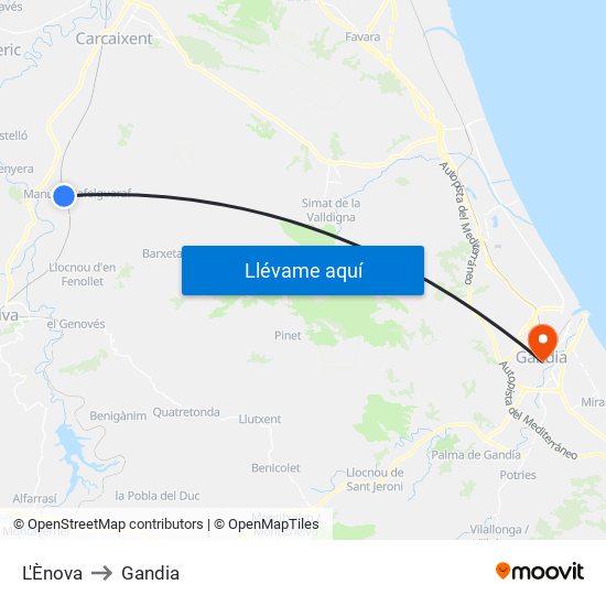 L'Ènova to Gandia map