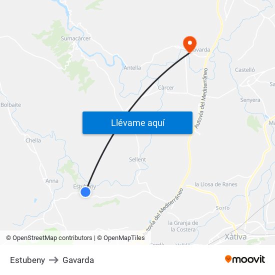 Estubeny to Gavarda map