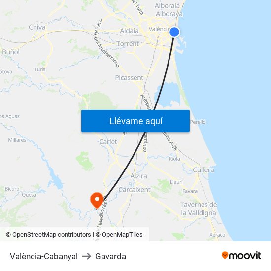 València-Cabanyal to Gavarda map