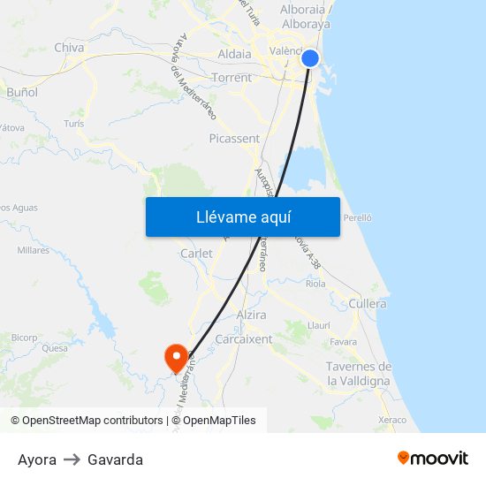 Ayora to Gavarda map
