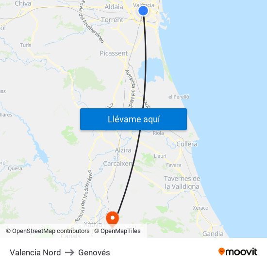 Valencia Nord to Genovés map