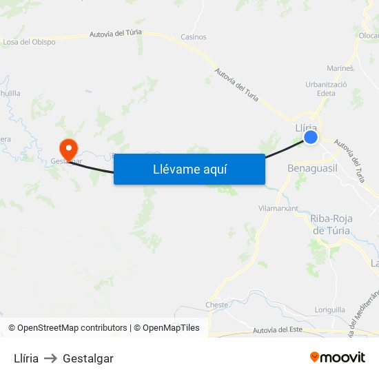 Llíria to Gestalgar map