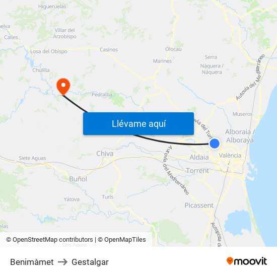 Benimàmet to Gestalgar map