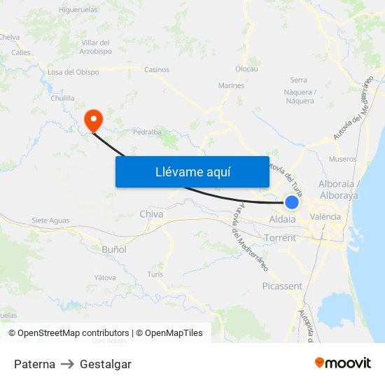 Paterna to Gestalgar map