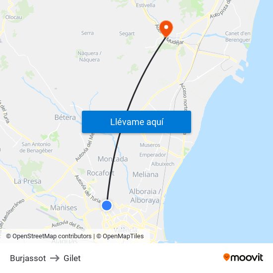 Burjassot to Gilet map