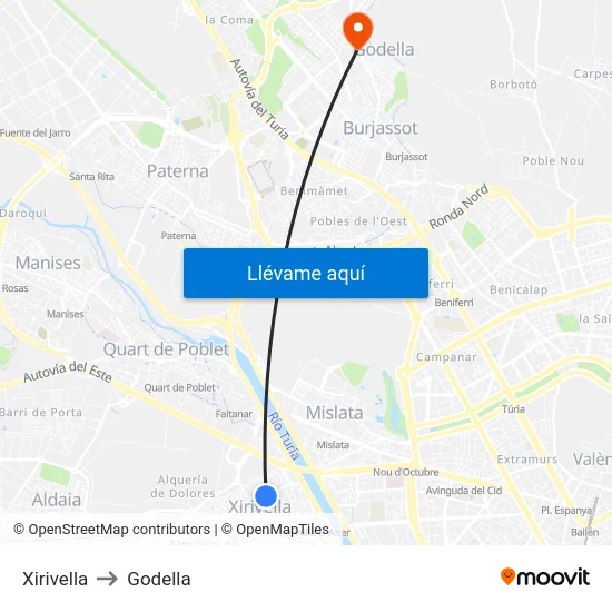 Xirivella to Godella map