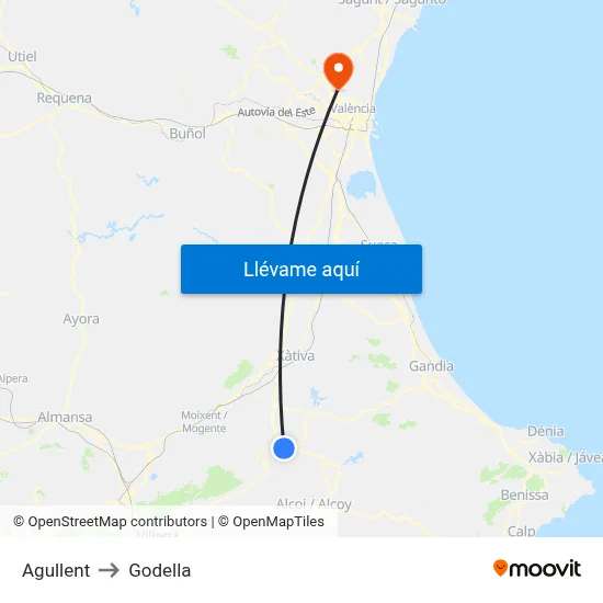 Agullent to Godella map